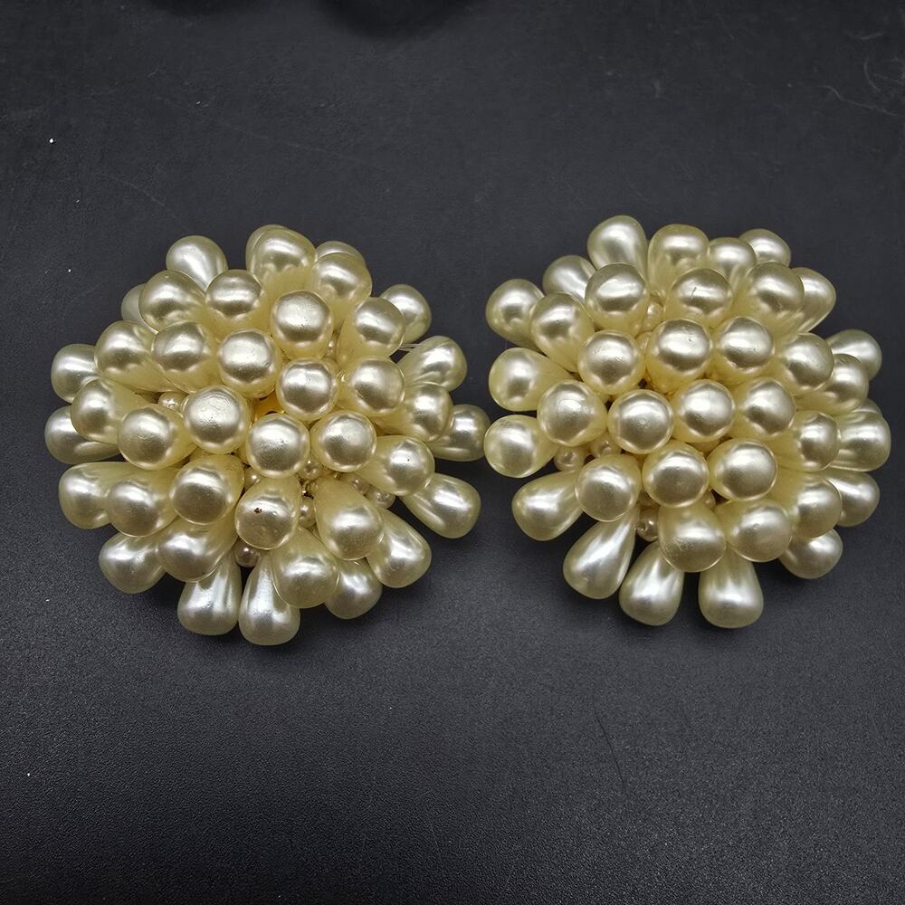 Faux Pearl Cluster Beaded Clip On Earrings Vintage Costume Jewelry